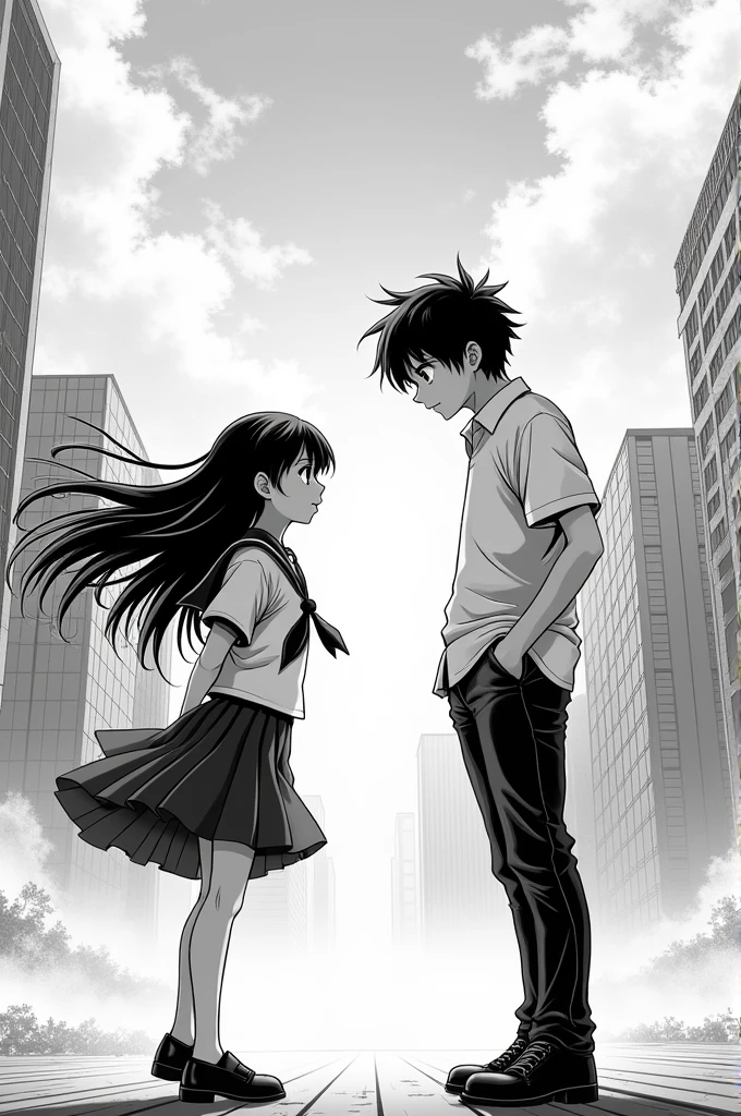 girl and boy standing on different sides in manga anime black and white style