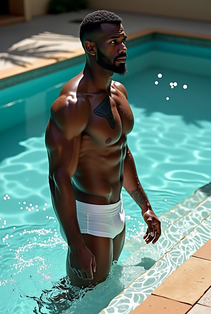 Man of 1,94 meters tall, dark-skinned, brawny, minimalist humanoid alligator tattoo on the neck, close-shaven beard and dark eyes, walking out of the pool in white briefs by the stairs, showing his big butt through the wet underwear