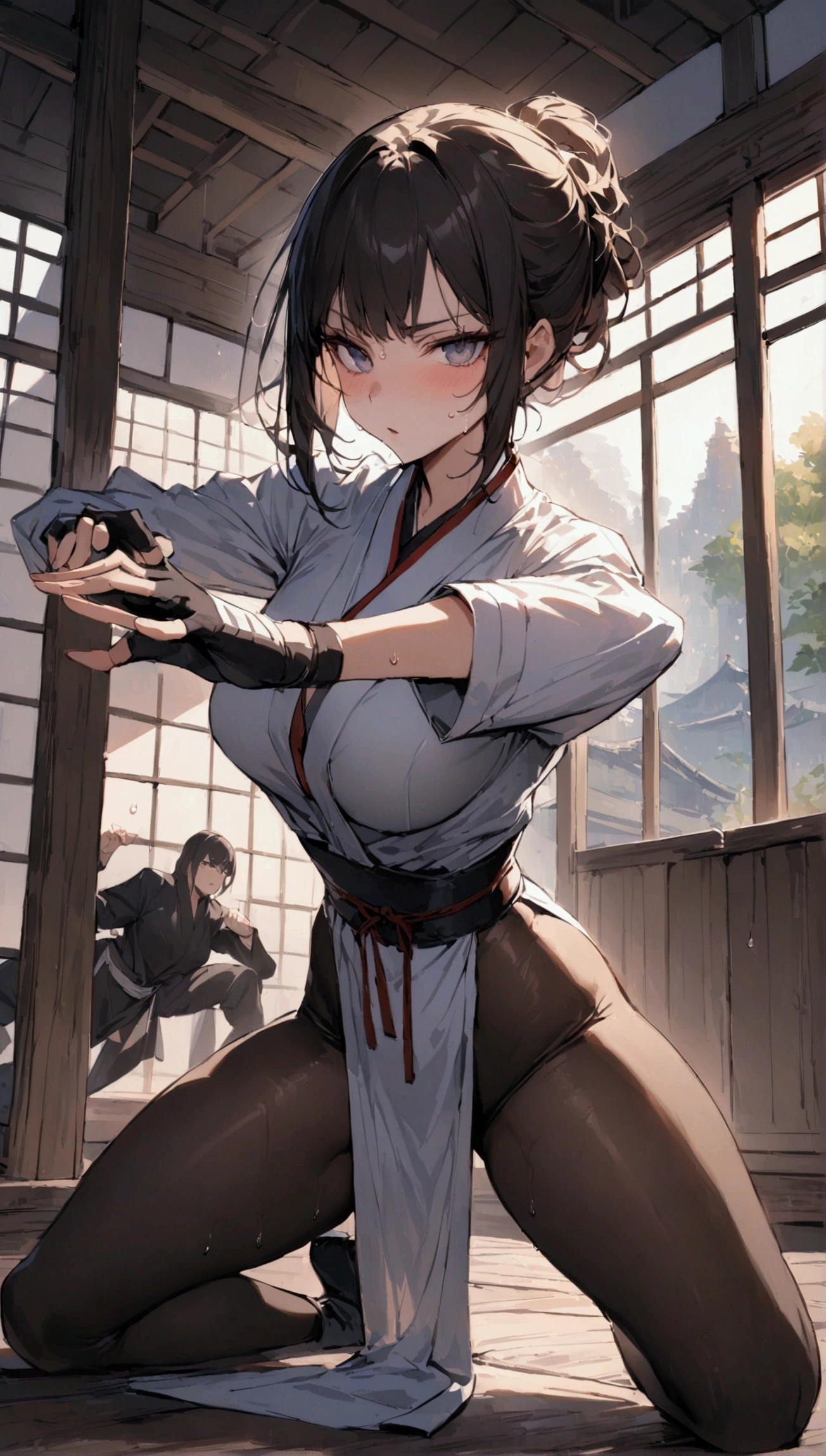 ,{{masterpiece}}, {{{best quality}}},{{ultra-detailed}}, {{illustration}}(Beautiful and fine eyes)、female martial artist,　Elegant Fighting Pose,fingerless gloves,pelvic curtain,Black pantyhosens,martial arts belt,short boots,sweating　Inside the Dojo