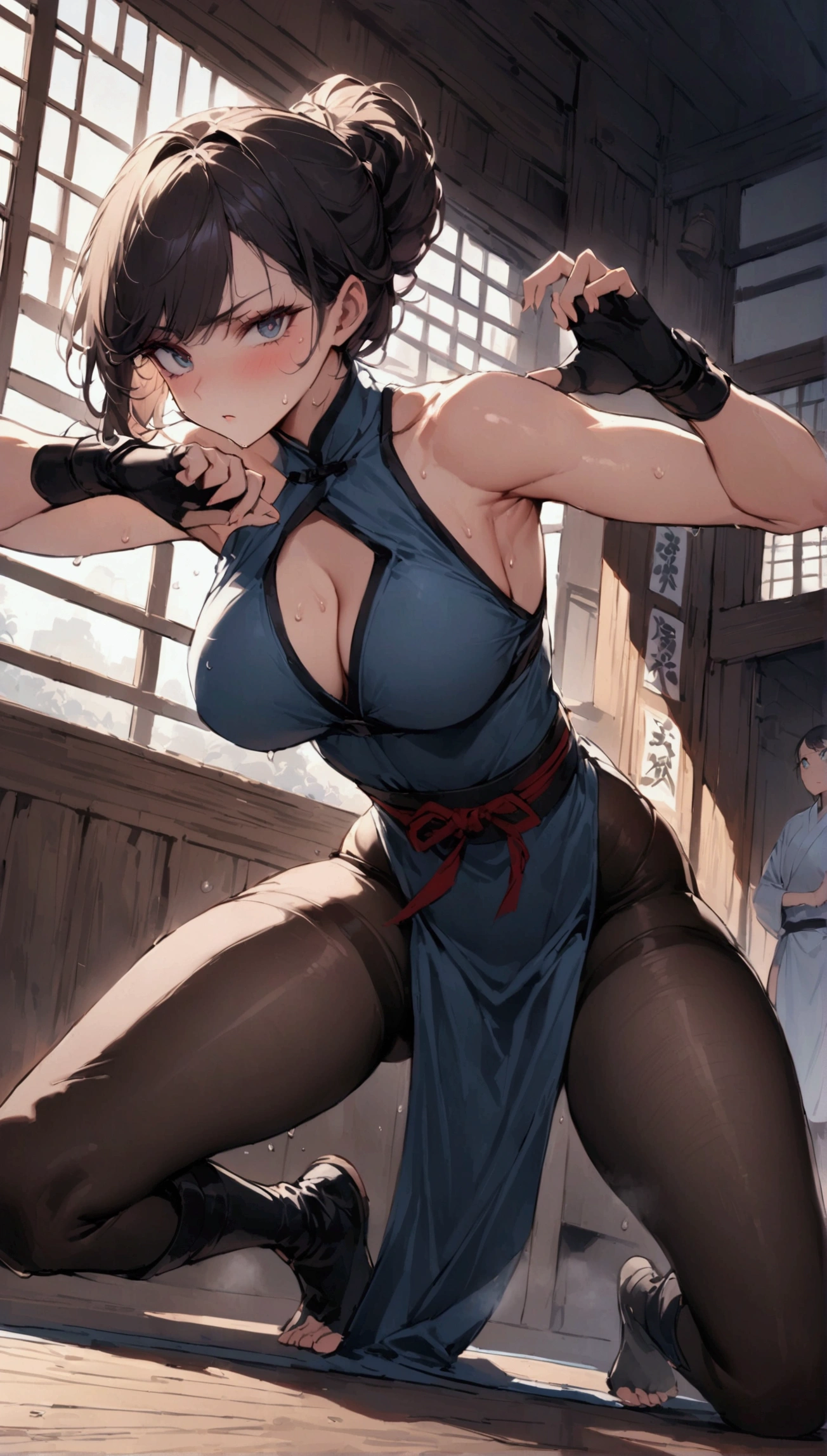 ,{{masterpiece}}, {{{best quality}}},{{ultra-detailed}}, {{illustration}}(Beautiful and fine eyes)、female martial artist,　Elegant Fighting Pose,fingerless gloves,pelvic curtain,Black pantyhosens,martial arts belt,short boots,sweating　Inside the Dojo