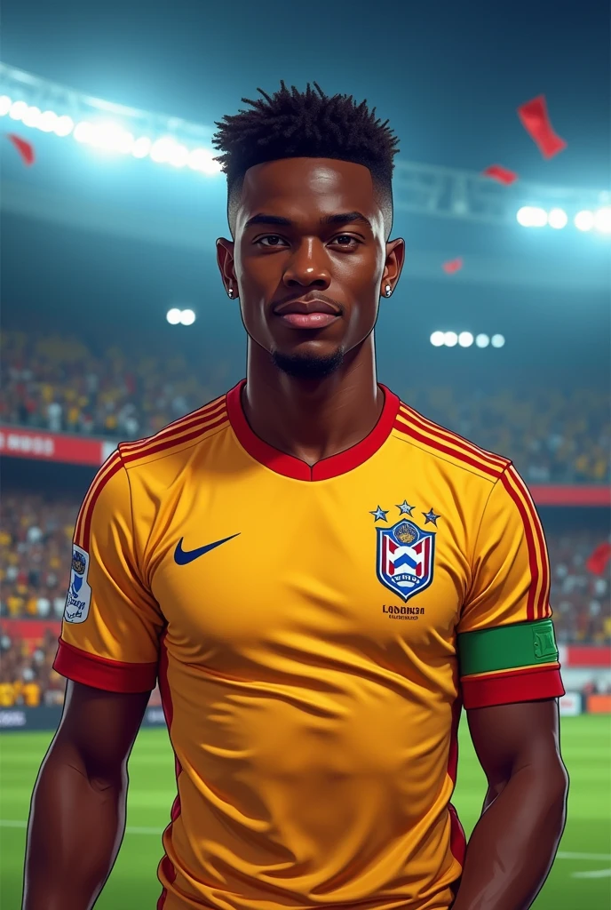 drawing of a man, football player from the Flamengo team, stark, dark-skinned, she has small diamond earrings, short graduated hair