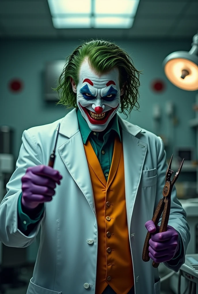 Create an image of the Joker, half body, wearing a dentist's coat, holding a needle in one hand and pliers in the other, with a smile on his face.