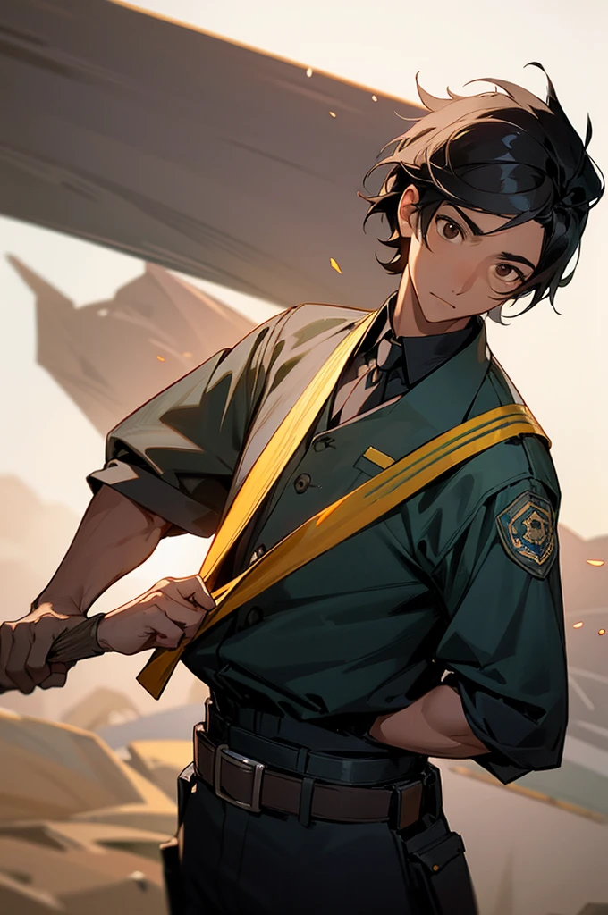 One, 1 man, black hair, Brown eyes, Police outfit, African American Skin Color, Town Background, Perfect Quality.