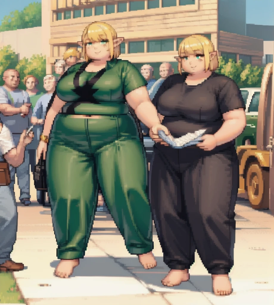 high quality, Pixel, 32 Bits, detailed eyes, 1 solo girl, obese erufuda, short hair, pointy ears, blonde hair, (green eyes:1.5), white t-shirt, green pants, barefoot, braid, extra big breasts, thick thighs, ((Perfect body)), smile, sunday, 4K