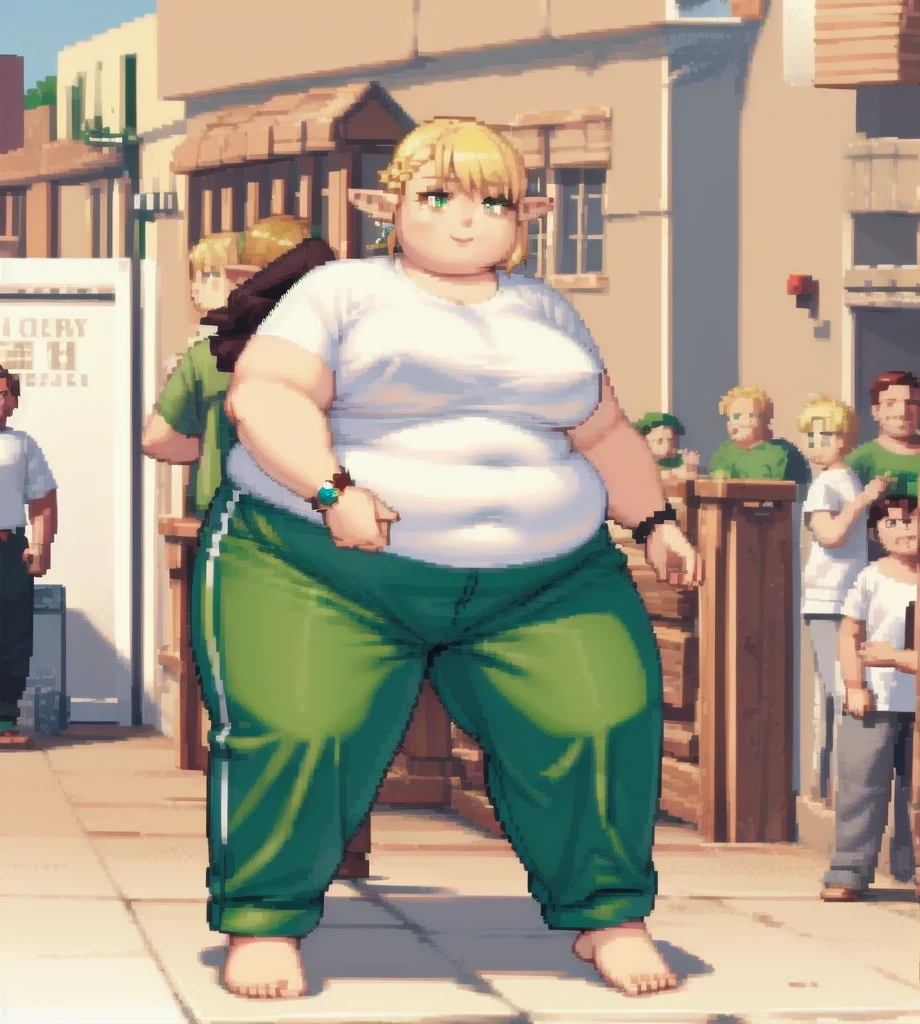 high quality, Pixel, 32 Bits, detailed eyes, 1 solo girl, obese erufuda, short hair, pointy ears, blonde hair, (green eyes:1.5), white t-shirt, green pants, barefoot, braid, extra big breasts, thick thighs, ((Perfect body)), smile, sunday, 4K