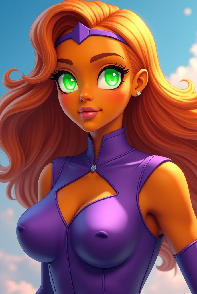 An orange skinned girl, wearing a purple sleeveless power suit. Her eyeballs are bright green, glowing and without pupils inside. She has orange long and wavy hair, an hairbang and she is busty. She flyes in the sky. Beautiful detailed face