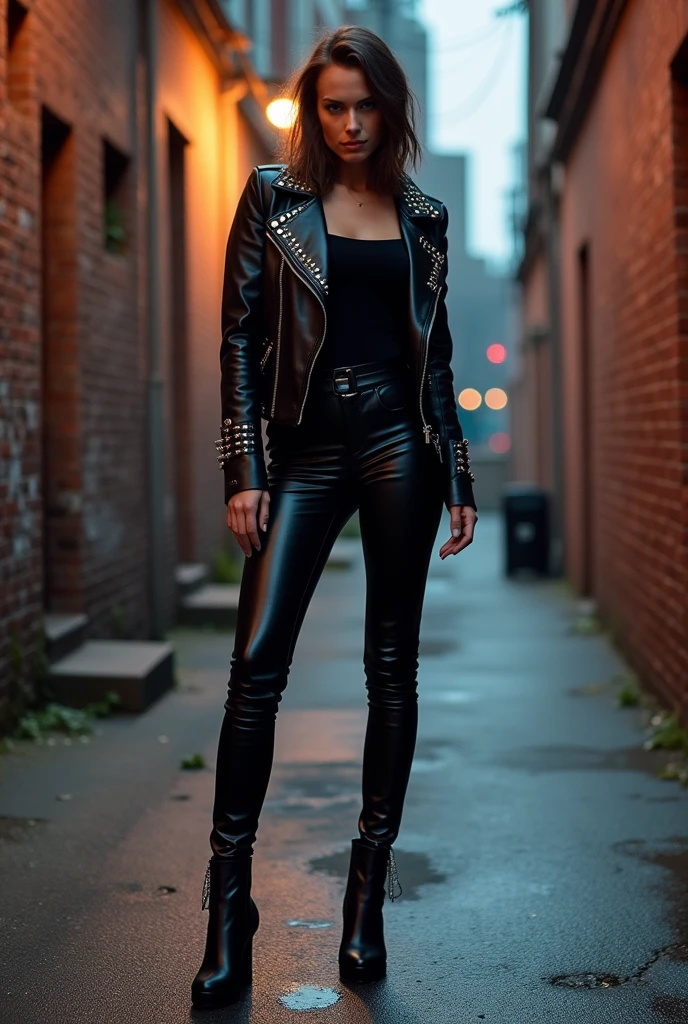 Imagine a black top outfit with black leather pants,black heeled boots and a black jacket