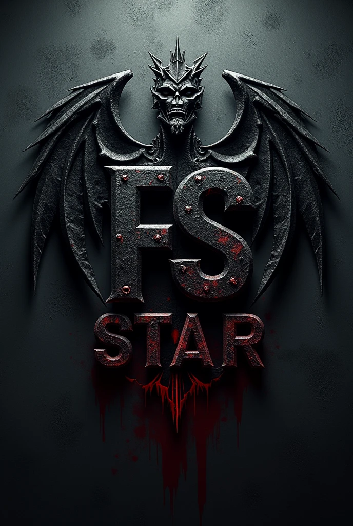 Create a dark logo with a coat of arms image with five black stars with the letters FS and a subtext below Five Star with bloody and realistic futuristic letters