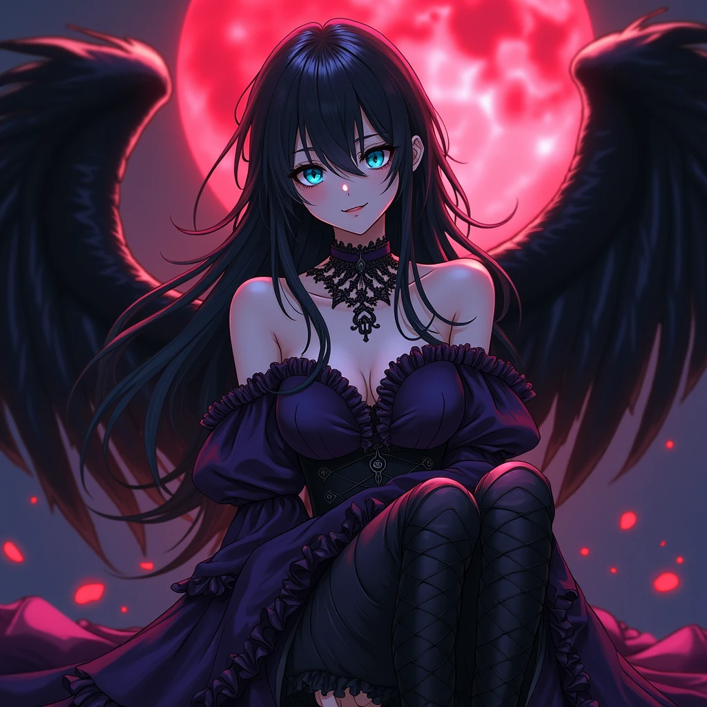 A sexy young male, black, long hair, teal blue eyes. Gothic clothes. (Male) (no facial or body hair)) masterpiece, best quality, ultra-detailed, best shadow), (detailed background) (purple and black) pretty handsome. Sexy Cute. No facial hair. No body hair. Wink. Seductive. Sexy. Pale and white skin. Smirking. Anime style. Blood. Vampire. Sexy. Death note style. Pink lips. SENSUAL. Purple and black gothic frilly clothes. Long lashes. Sexy pose. Love. Shiny. Vampire Prince. Bottom angle. Seductive. Male. Bottom angle. Shiny. Long boots. Delicate facial features. Kiss. Red moon. Fangs. Black wings. Sexy male.