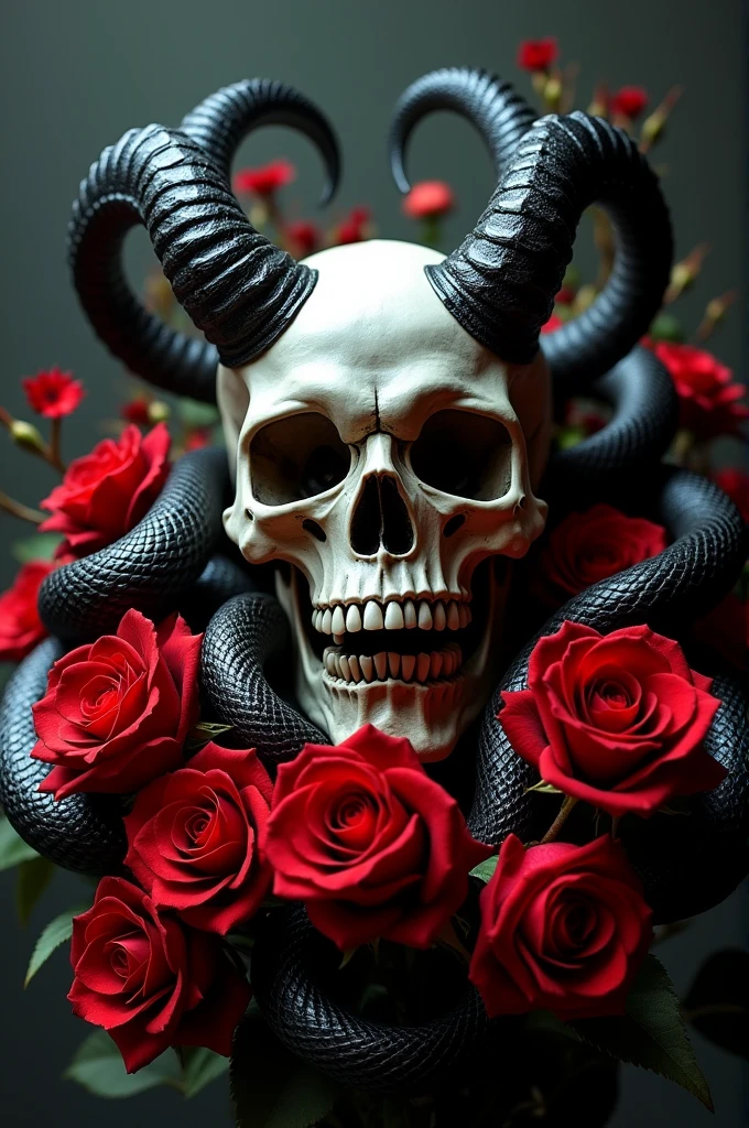 Demonic vampire skull with fangs and horns surrounded by roses and snakes 