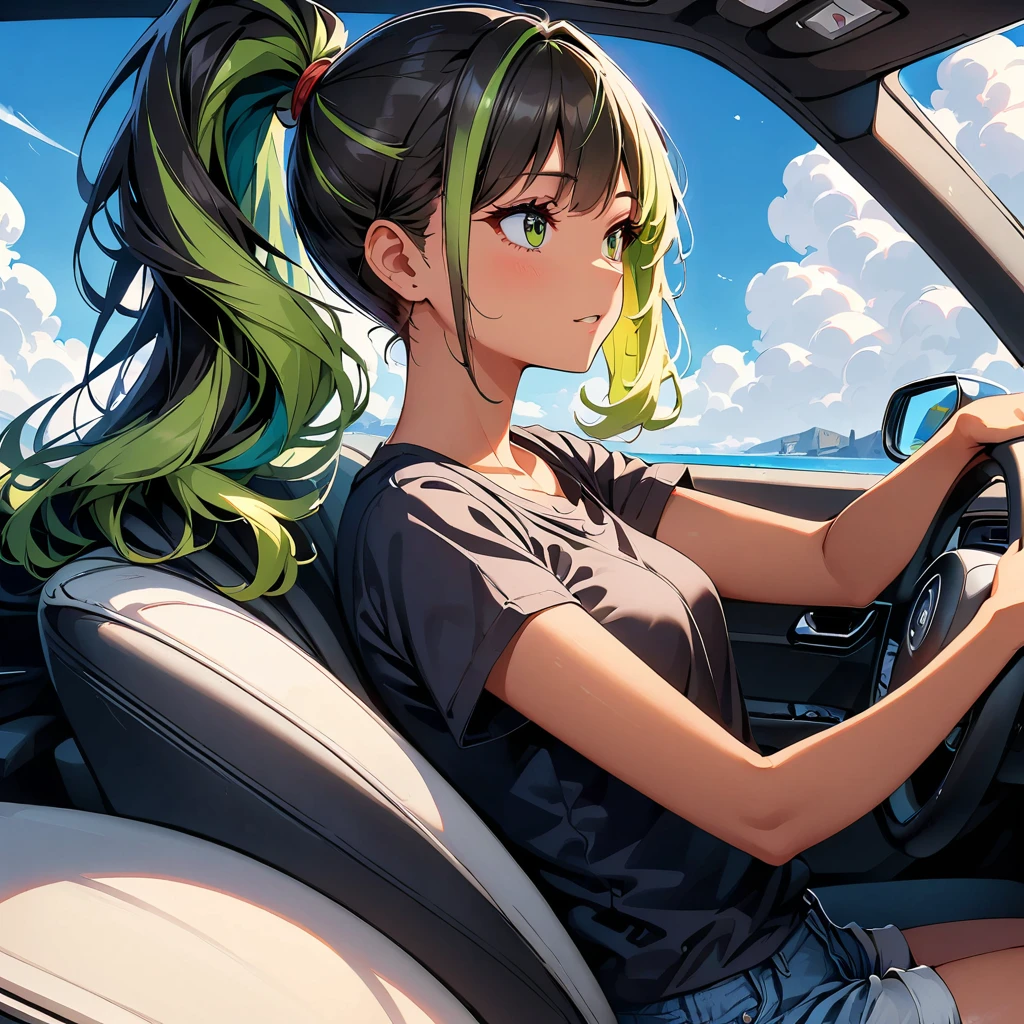 (highest quality:1.2, Very detailed, up to date, Vibrant, Ultra-high resolution, High Contrast, masterpiece:1.2, highest quality, Best aesthetics), Portraiture、girl、((25 years old:1.8)), (slim:1.2),Bright colors、Beautiful fine details、Beautiful lip detail、long hair, (ponytail:1.3), white and yellow green ((streaked hair:1.6)), highlights hair: 1.5, (small breast,:1) (tan skin:1.2),  ((drive a car:1), sitting in the driver's seat), convertible car, blue sky and white cloud, black t-shirt, jeans shorts, looking ahead, side view