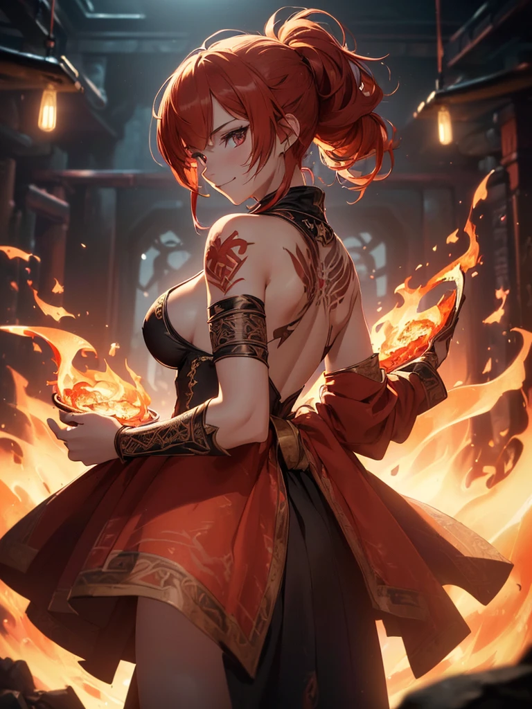 (((best quality, sharp image, clear image, cinematic lighting, 8k resolution, masterpiece, ultra detailed, intricate))) Girl, (((looking over left shoulder))), (shot from behind), fire mage, ((intricate background)), ((chaotic background)), red hair, smiling, ((flame runes, flame sigils)), (tatoo on back)