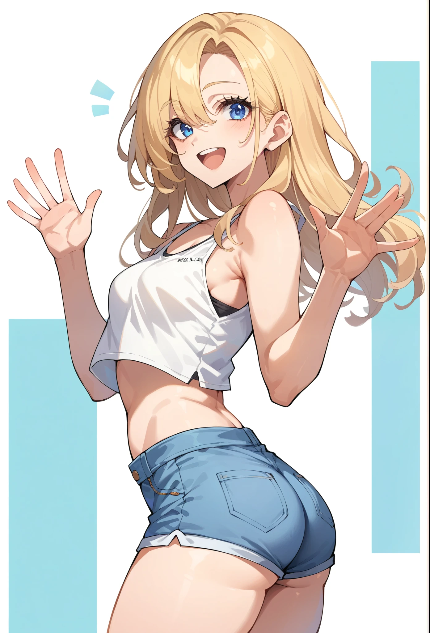 Score_9, score_8_up, score_7_up, source_anime, adult woman, tall woman, thin, emaciated, small breasts, small ass, booty shorts, white tank top, :D, waving hello, blonde hair, blue eyes, happy, adult, mature