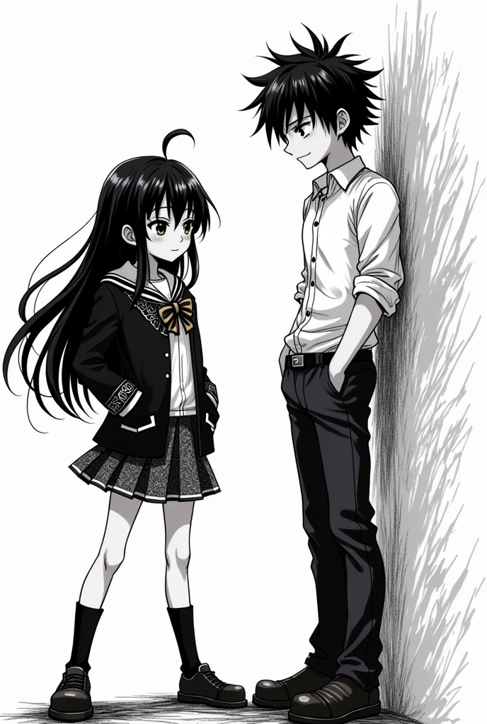 girl and boy standing on different sides in manga anime style black and white on white background