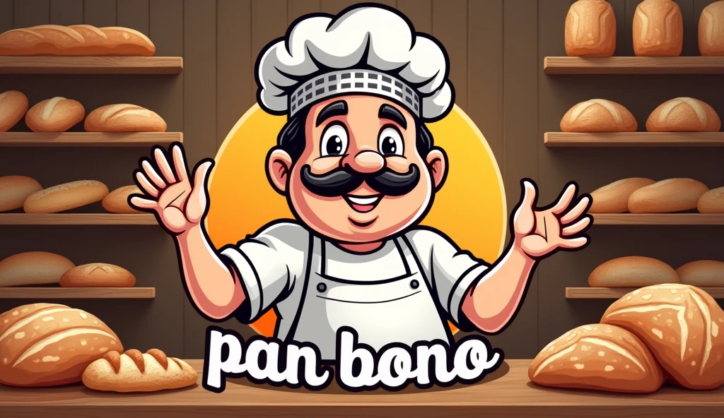 Create a logo with an Italian baker chef with a mustache smiling and gesturing with his hand that says 'pan bono'