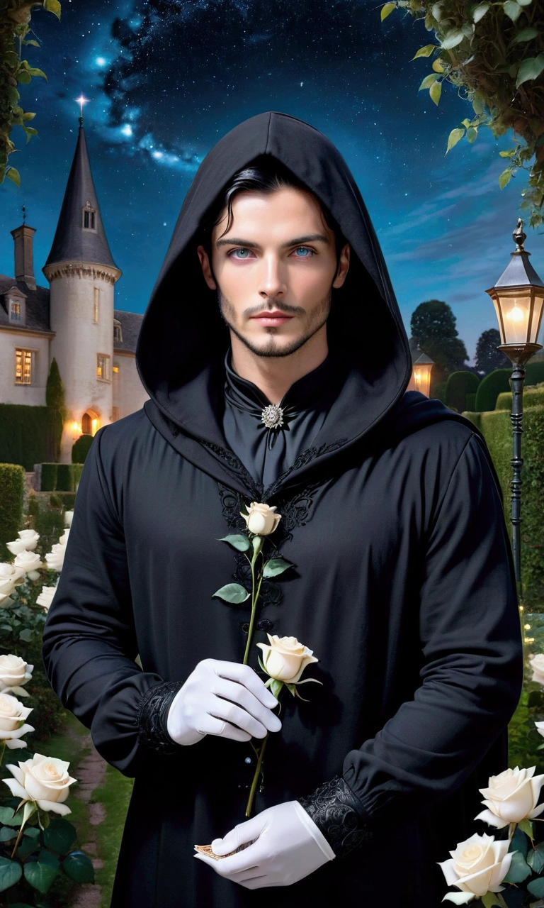 a young handsome european man black hair short beard blue eyes wearing a black noble cloth with hood cover his head with black gloves with a white rose brooch holding a tarot card in his hand in the white roses garden at night with a manor house in the background with a stars