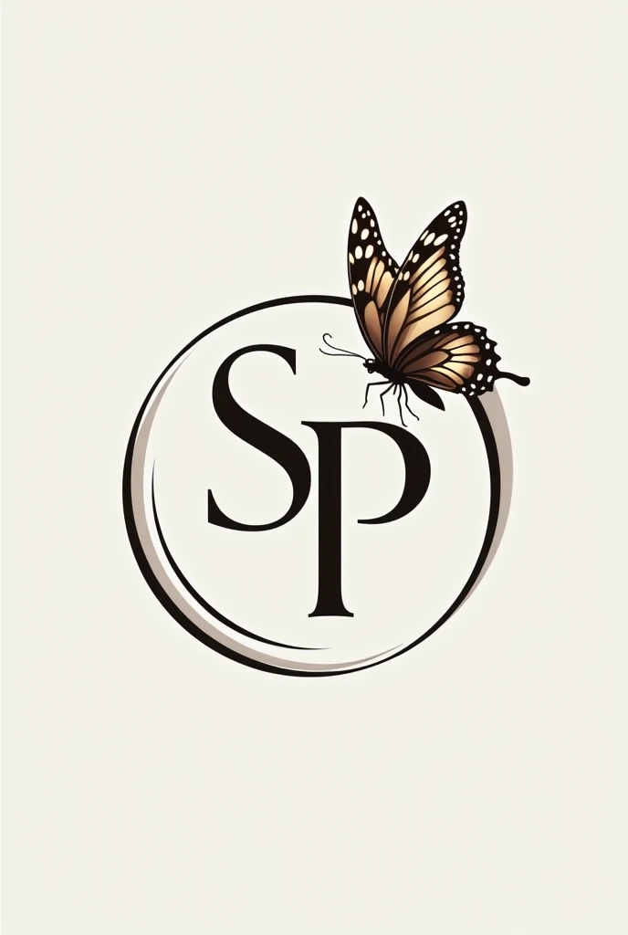 logo for an accessory business, with colors like Neutral tones (white, negro, gray) combined with metallic color accents, with a Style: minimalist, elegant, with a touch of mystery and charm, with an intersection of the initials sp next to a circle line and a butterfly