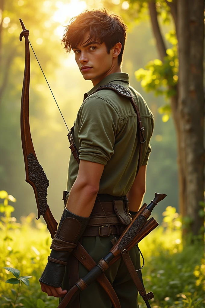 A young adult apprentice archer. Scrawny, Slender and smiling. Charming with a seductive gaze. His clothes fit perfectly to his bow