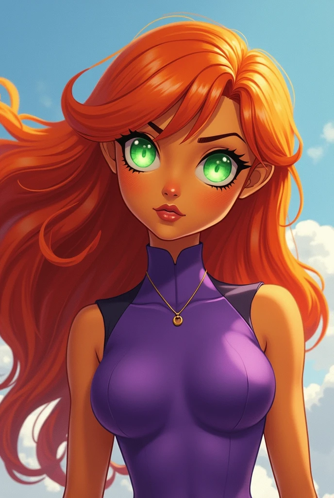 An orange skinned girl, wearing a purple sleeveless power suit. Her eyeballs are bright green, glowing and without pupils inside. She has orange long and wavy hair, an hairbang and she is busty. She flyes in the sky. Beautiful detailed face