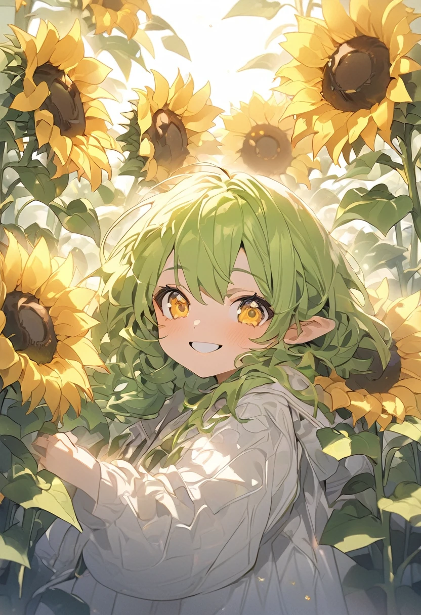 Masterpiece, high definition, anime girl, long green hair, yellow eyes, cute anime girl, smiling face, ((sunflowers)), fractal art, Gwaiz, vine garden background, surrounded by light fairies