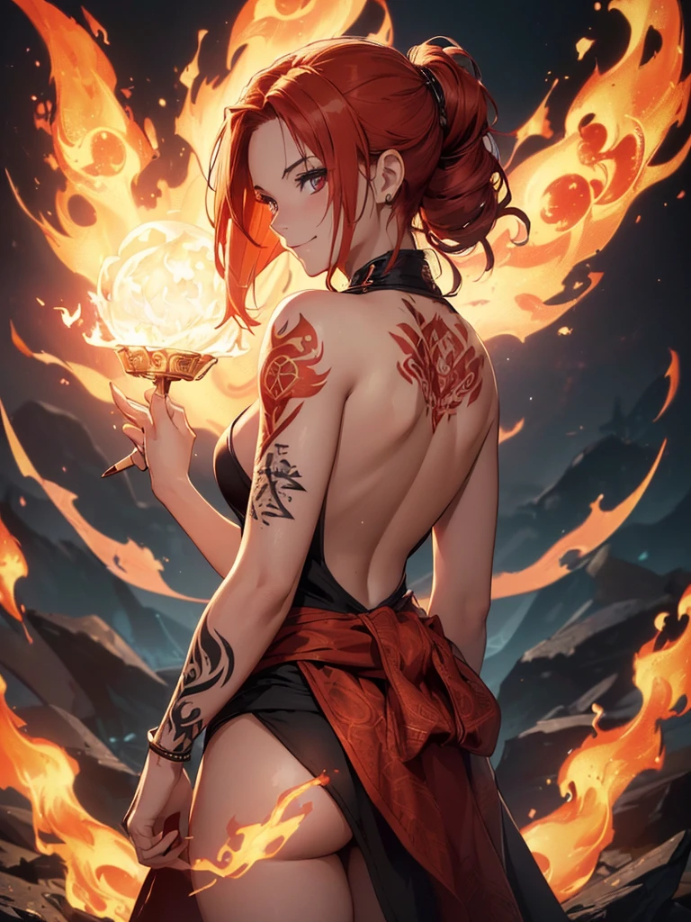 (((best quality, sharp image, clear image, cinematic lighting, 8k resolution, masterpiece, ultra detailed, intricate))) Girl, (((looking over left shoulder))), (shot from behind), fire mage, ((intricate background)), ((chaotic background)), red hair, smiling, ((flame runes, flame sigils)), (tatoo on back)