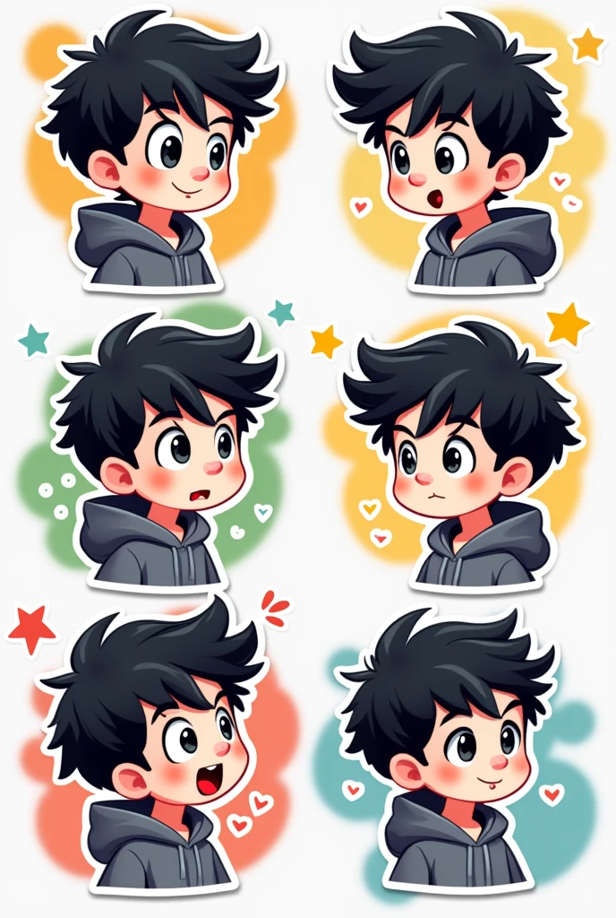I want to create a series of stickers for WhatsApp and Telegram here the character has white skin, black eyes, black hair, gray hoodie, he's a boy, shoulder head stiker series. Funny, thinking, surprised, don't care, satisfied 