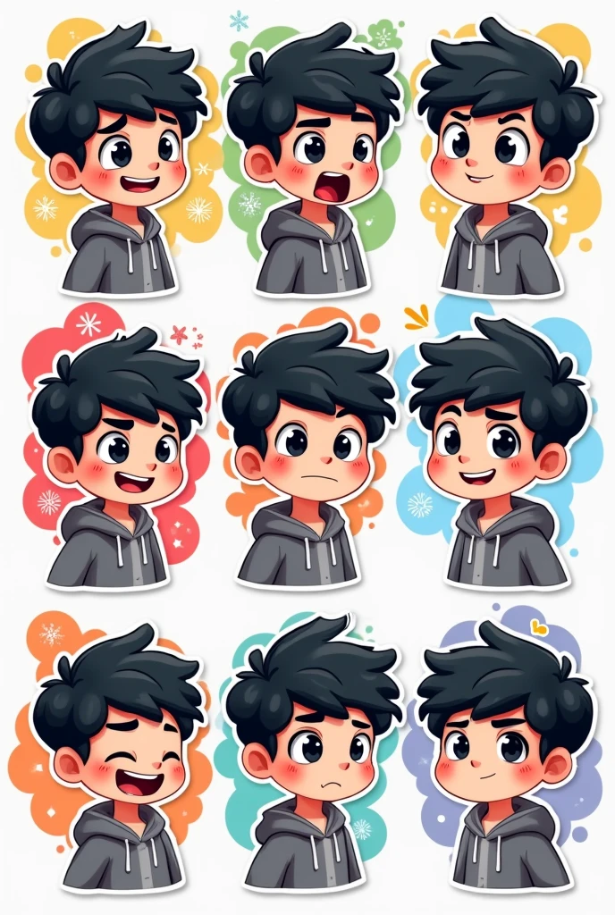 I want to create a series of stickers for WhatsApp and Telegram here the character has white skin, black eyes, black hair, gray hoodie, he's a boy, shoulder head stiker series. Funny, thinking, surprised, don't care, satisfied