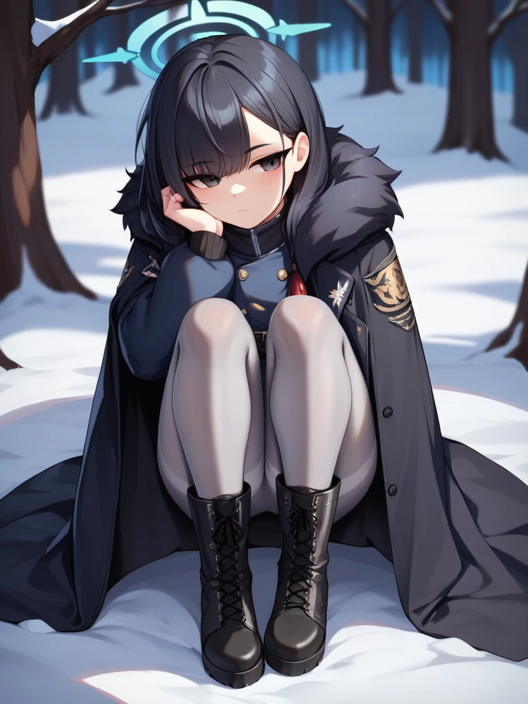 \(blue archive style\), black eyes, black hair, mid-lenght hair, straight cut hair, straight bangs, black winter dress 2:1 with fur, cloak, no halo, bored eyes, slightly furrowed eyebrows, grey pantyhose, black boots with fur, winter forest