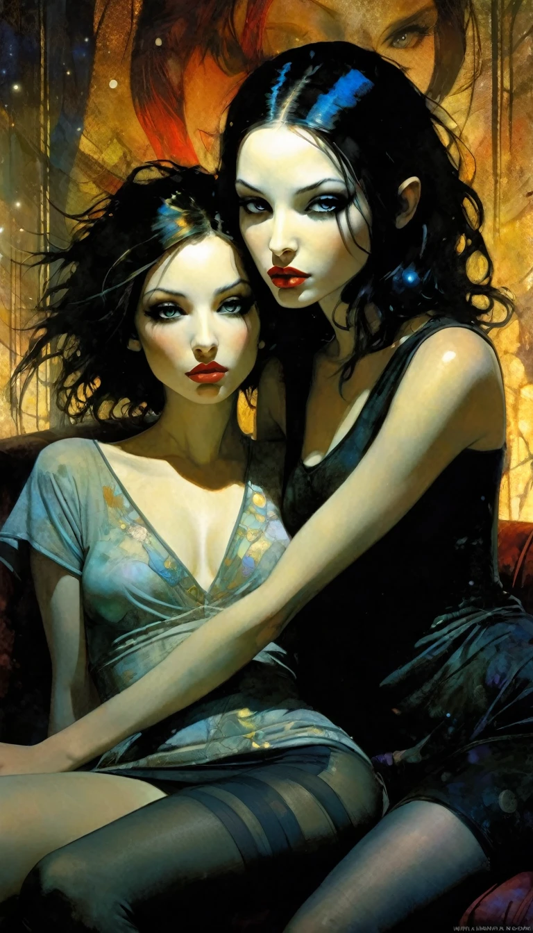 lesbianism, two sexy girls, on the couch in a living room overlooking a magical night with stars, affectionate (best quality, 4k, 8k, high resolution, masterpiece: 1.2), ultra-detailed, (realistic, photorealistic, photorealistic : 1.37), intricate details, vivid colors, sharp focus, professional, Dave McKean artwork, surreal oil touch, oil painting style, portrait, woman, beautiful detailed eyes, beautiful detailed lips, dreamlike atmosphere, game of shadows, soft lighting, fun pose, dark tones, ethereal background, fantasy elements, texture, layered composition. art inspired by Bill Sienkiewicz and Dave McKean