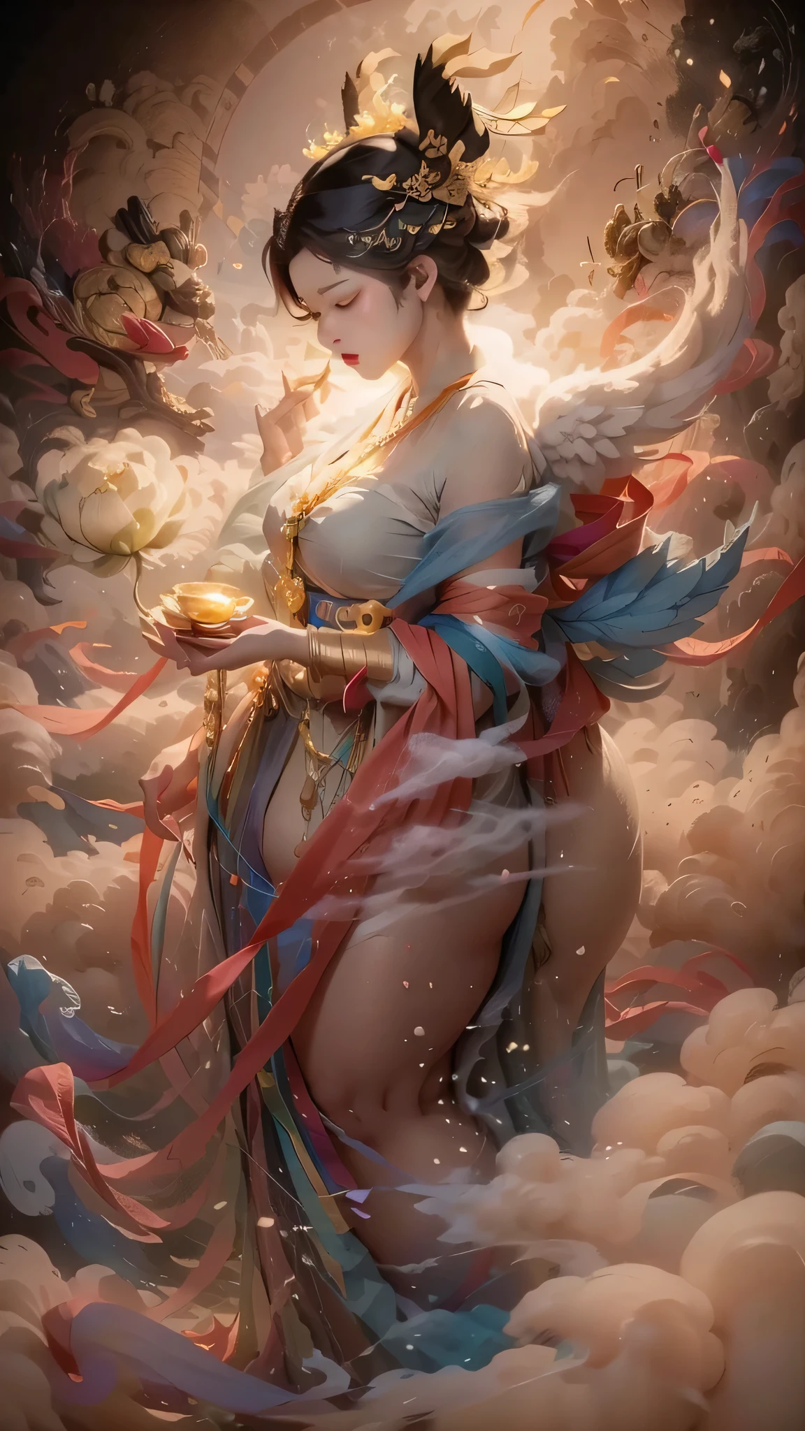 Fantasy,8k,Highly detailed CG unit wallpaper, masterpiece,High resolution,Highest quality,Highest quality real texture skin,,Increase the resolution,RAW Photos,Highest quality,Very detailed,wallpaper,Cinema Lighting,Ray-tracing,Golden Ratio, Extremely colorful,Colorful isekai ,(very noble ,, godliness,Three thousand worlds,Infinite happiness,joy,no gravity,Milky Way,background\(heaven\),in the Thick Fog,(Thick Fog:1.5)\),\(below heaven,look up\),(Thick Fog:1.5),Color is empty,Urgent as a command,Clay figurine,Wide-angle lens,Wide composition,Amitabha is coming,Lotus flowers in full bloom,5th Dimension