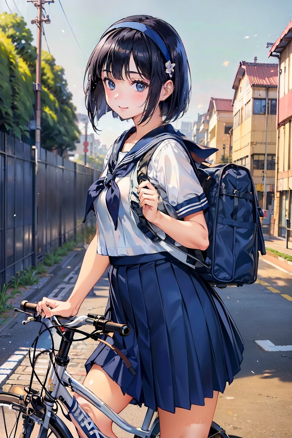 One Woman, (Beautiful woman, delicate:1.3), Black Hair, (bob cur:1.4), bangs, 8k, Highest quality, masterpiece, Very detailed, Ultra-high resolution, Realistic, RAW Photos, Absolute Resolution, Black Hair, (dark blue sailor uniform:1.4), (dark blue pleated skirt:1.4), (Realistic junior high school student:1.4), (White headband:1.4), Small breasts, expensive, Bright Blue Eyes, (In front of the school gate), smile, (standing pose:1.4), (one school bag on shoulder:1.4), (long skirt:1.4), slender female body, (Blur the background:1.4), (looking at the camera:1.4), (glossy hair), (get on a bicycle:1.4), (Sprint on a bicycle:1.4),
