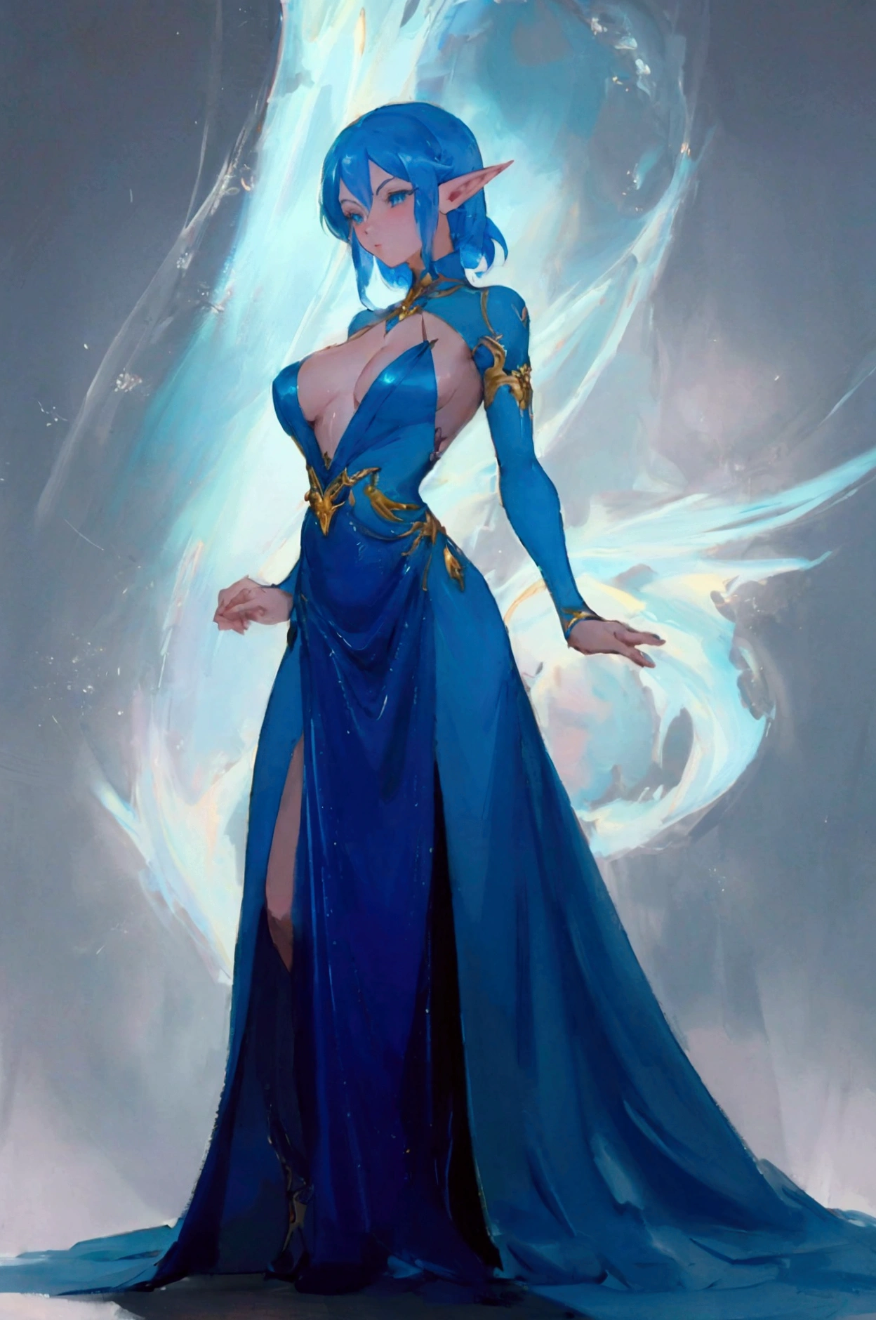 a woman with blue hair and a teal ballroom dress is standing, style artgerm, trending artgerm, artgerm lau, artgerm style, style of artgerm, as seen on artgerm, artgerm and rossdraws, extremely detailed artgerm, like artgerm, artgerm art, blue sea-elf, full body, Blue skin, azure complexion 