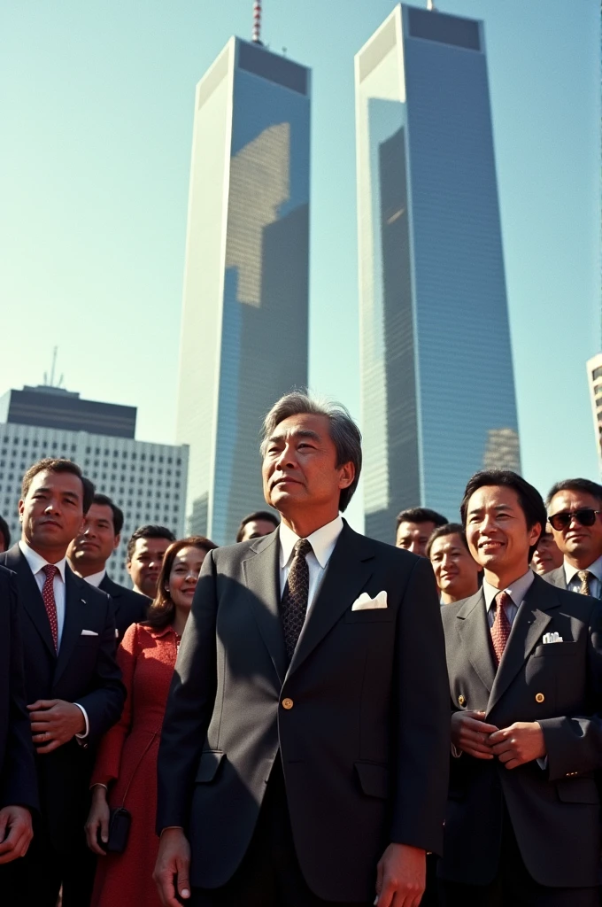 Inauguration of the Twin Towers:
   - Character: Minoru Yamasaki (architect), attendees at the inauguration
   - Description: Minoru Yamasaki and attendees observing the Twin Towers at their inauguration
   - Era: 1973
   - Clothing: Formal suits of the time, ties, Elegant dresses
   - Location: Area in front of the Twin Towers
   - Action: People celebrating, ribbon cutting, and admiring the towers
   - What is seen in the background: The Twin Towers with their shiny aluminum and glass facade
   - Type of shot: Medium shot
   - Style: hyper-realistic, Photo realism, cinematography -- ar 9:16