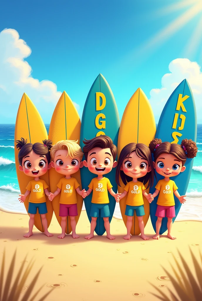 Cartoon characters wearing branded clothes and holding surfboards, going surfing.
The brand on the clothes says DGOLD KIDS.
And the characters hold the boards with the word DGOLD written on them And the colored boards and the letters too And the colored letters and each board with a letter of the name DGOLD colored in it 
