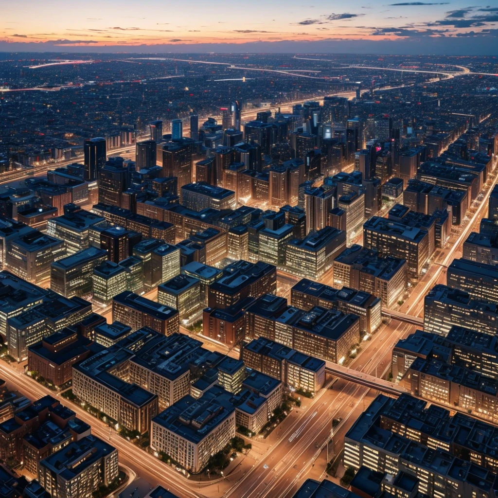 Aerial View of a Cityscape at Dawn]**  
