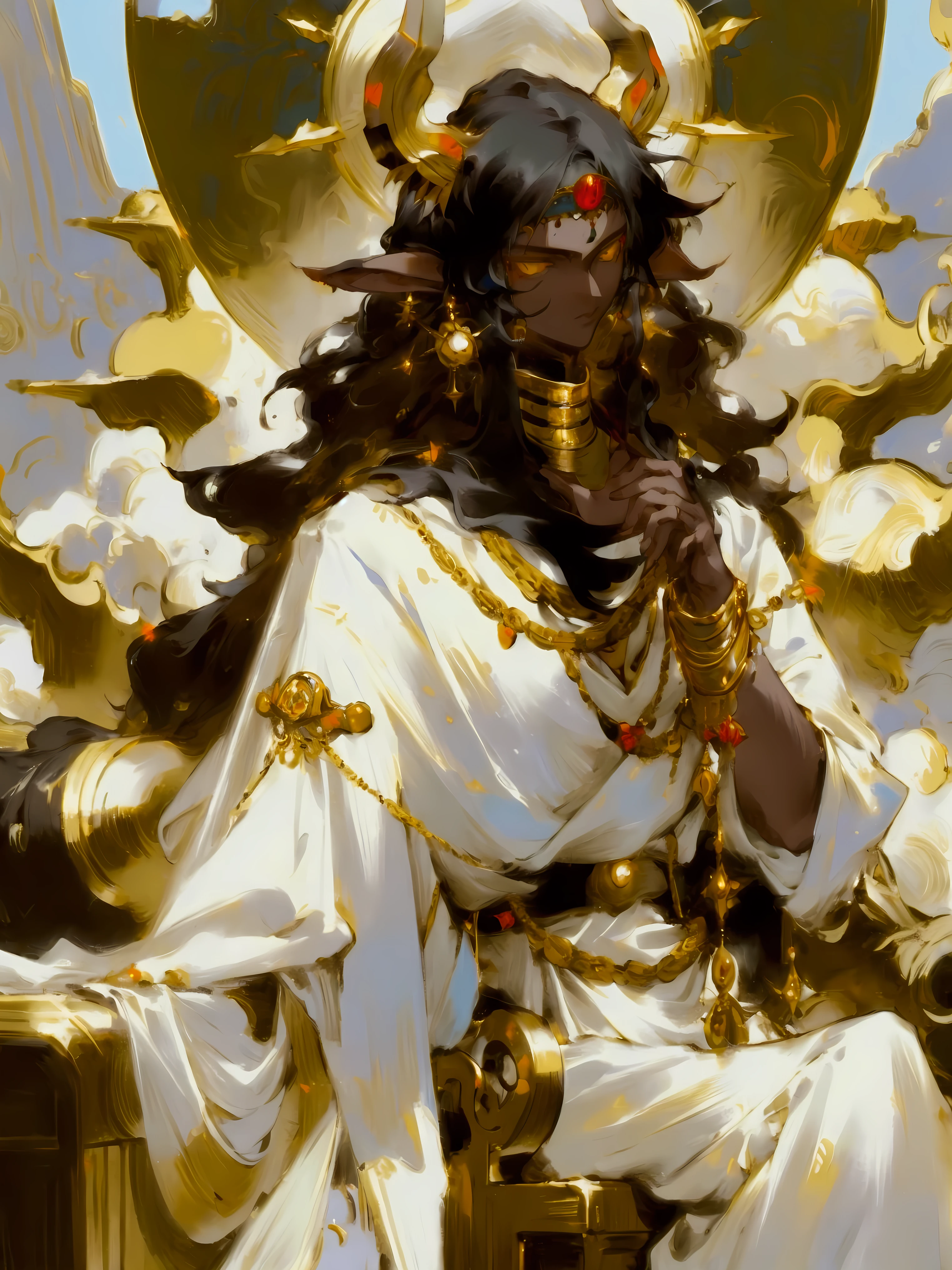 masterpiece, 8k, best quality 
1man: dark skin, long hair, messy hair, black hair, golden eyes, jackal ears, gold accessories, accessories on head, accessories on chest, white wide pants, belts, sitting on throne, spheres in hands, egypt