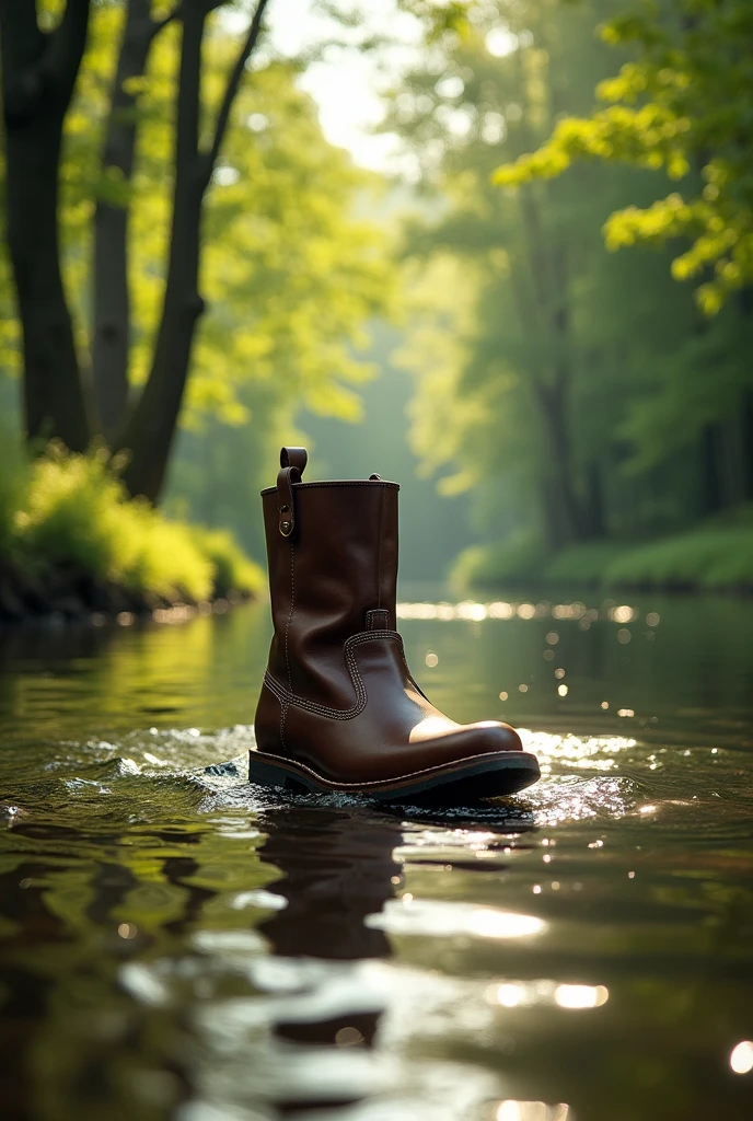 A video of a boot walking on water, the boot will be brown and will be walking over a river 
