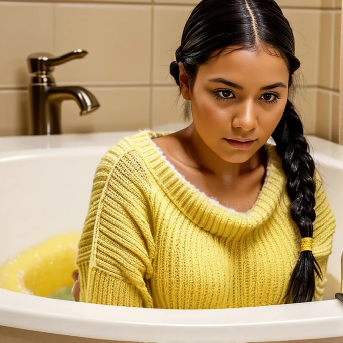 Native American Woman, black hair, braided, taking a bubble bath, wet yellow sweater , low neckline, washing her sweater with a soap bar