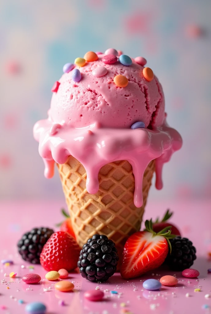 Create a pink ice cream ball with strawberry sauce and some colorful chips on top. Below the ball, a cone with pieces of blackberry and strawberry fruit around the cone.