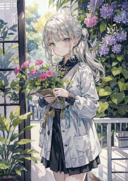 Natural light, A kind smile, Cheeks turned up, Slightly shiny silver-grey hair, Coquettish Hair, Halfway, Silky luster, plant, Flowers, 春の短命plant,