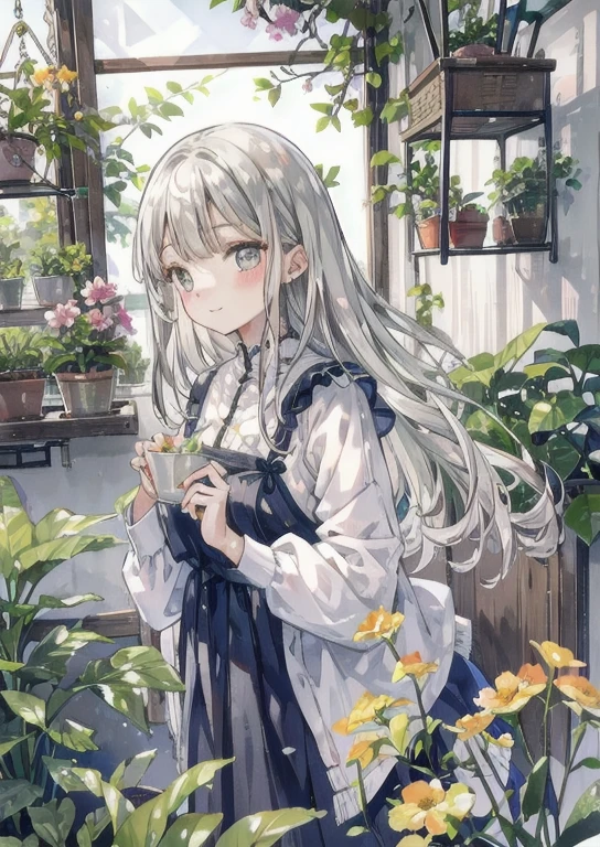 Natural light, A kind smile, Cheeks turned up, Slightly shiny silver-grey hair, Coquettish Hair, Halfway, Silky luster, plant, Flowers, 春の短命plant,