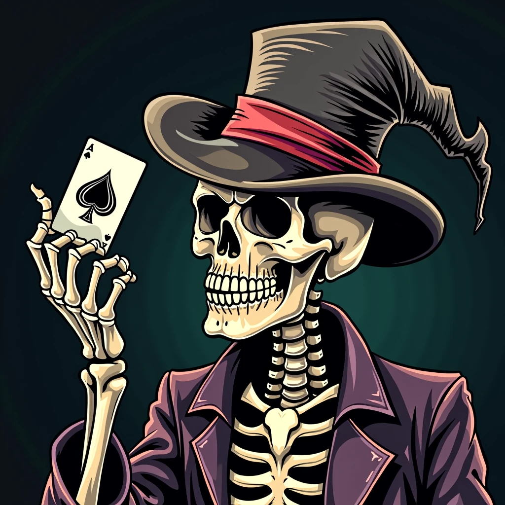 I would like a skull wearing a magician's hat, and in its skeletal hand it is holding a playing card with the ace symbol.