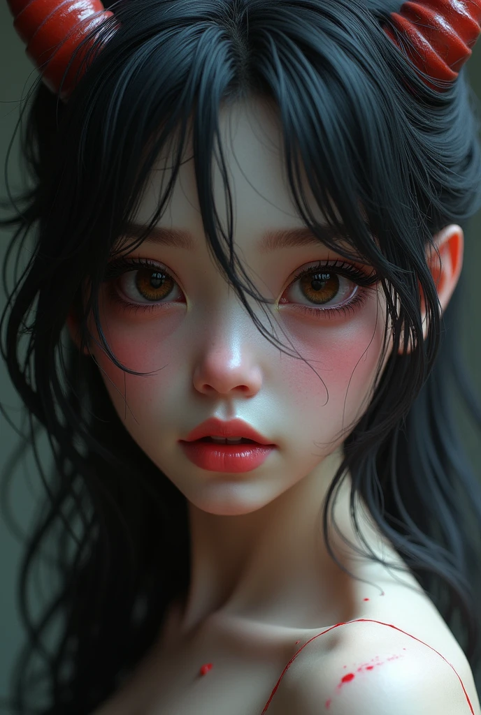 ((perfect anatomy:1.2,realistic:1.3,RAW Photography:1.3,masterpiece、highest quality、Ultra - High resolution、High resolution、Highly detailed CG、8K)),full body,1 female daemon, ((beautiful detailed face and eyes:1.2,big gorgeous eyes:1.2)), Focus on a stunning, alluring face with captivating eyes. small breasts,slender body,small head:1.5,skinny, (oily skin,gleaming skin,pale skin,sweat:1.2), Body should be overtly sexual, with revealing attire or nudity. Emphasize a sultry, provocative expression. Skin tone should be a pale, pink. Succubus-like features are desired, NSFW not safe for work, show full body
