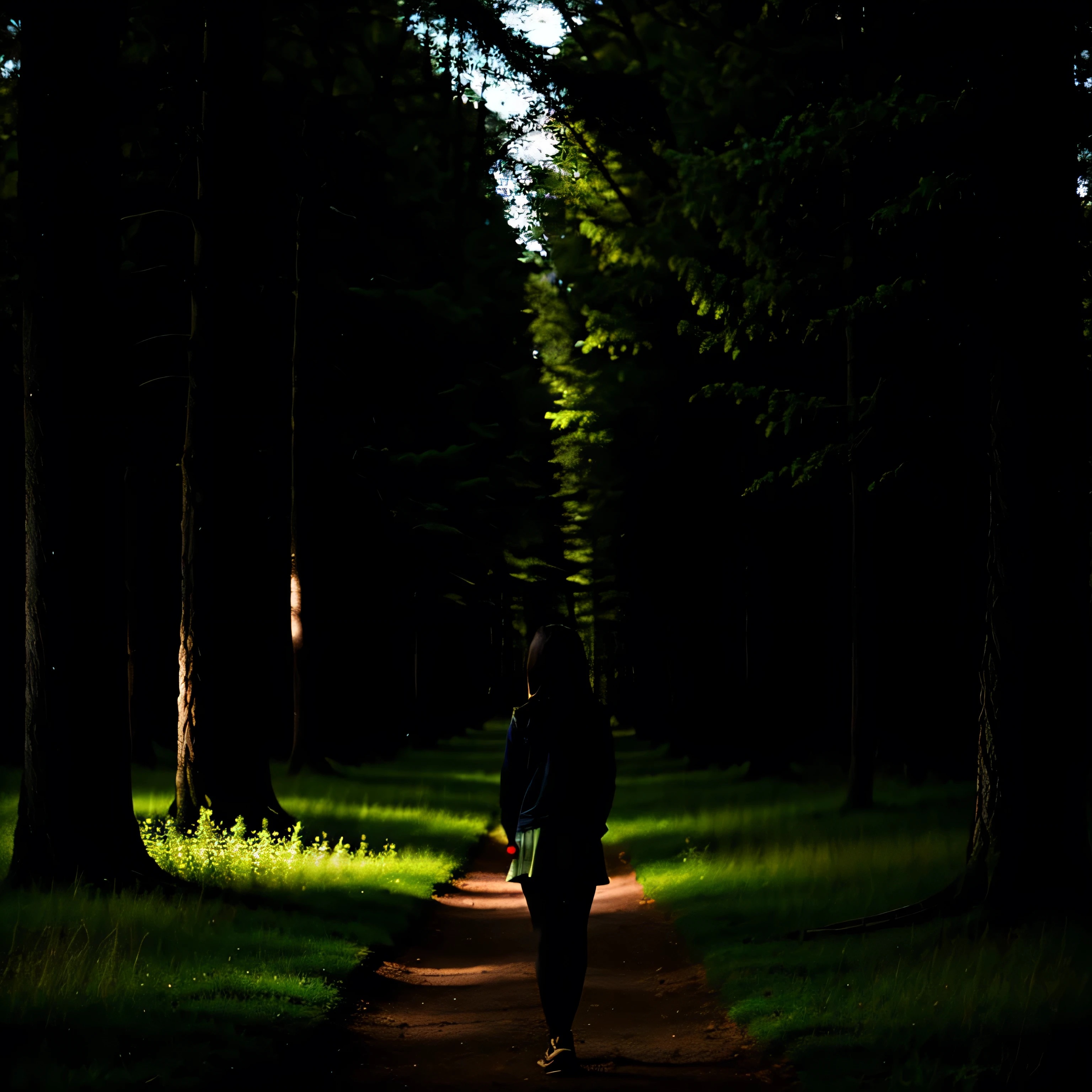 Create an image with a background inspired by a night forest with a girl facing away from the viewer., Title the image "echoes by BlesiDj" 