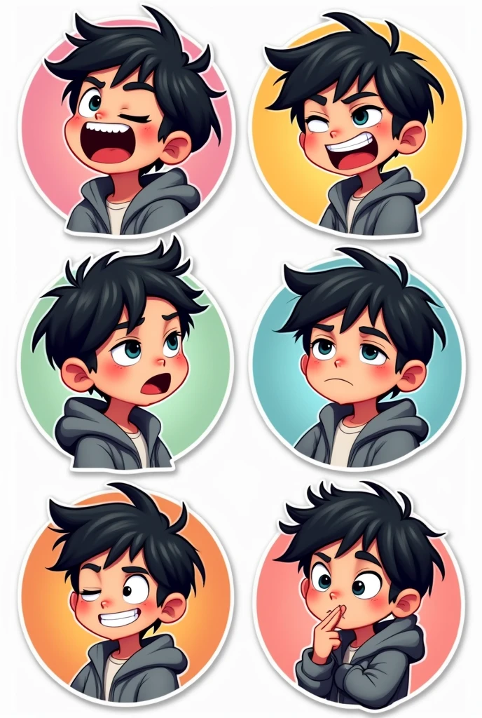 I want to create a series of stickers for WhatsApp and Telegram here the character has white skin, black eyes, black hair, gray hoodie, he's a boy, shoulder head stiker series. Funny, angry, thinking