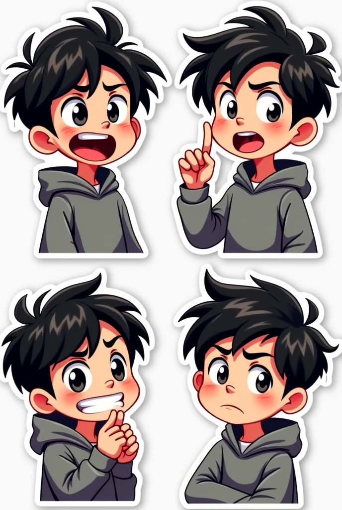 I want to create a series of stickers for WhatsApp and Telegram here the character has white skin, black eyes, black hair, gray hoodie, he's a boy, shoulder head stiker series. Funny, angry, thinking