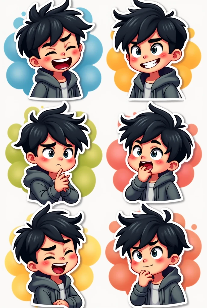 I want to create a series of stickers for WhatsApp and Telegram here the character has white skin, black eyes, black hair, gray hoodie, he's a boy, shoulder head stiker series. Funny, angry, thinking
