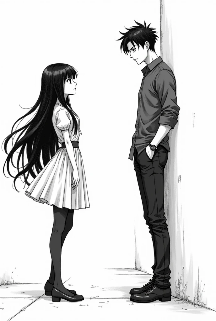 girl and boy standing on different sides in manga anime drawing black and white on white background where the guy and girl are adults