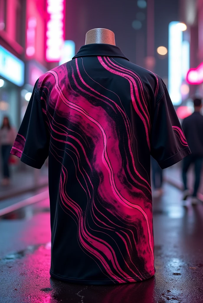 Shirt art front and back, black and pink with white gradient lines