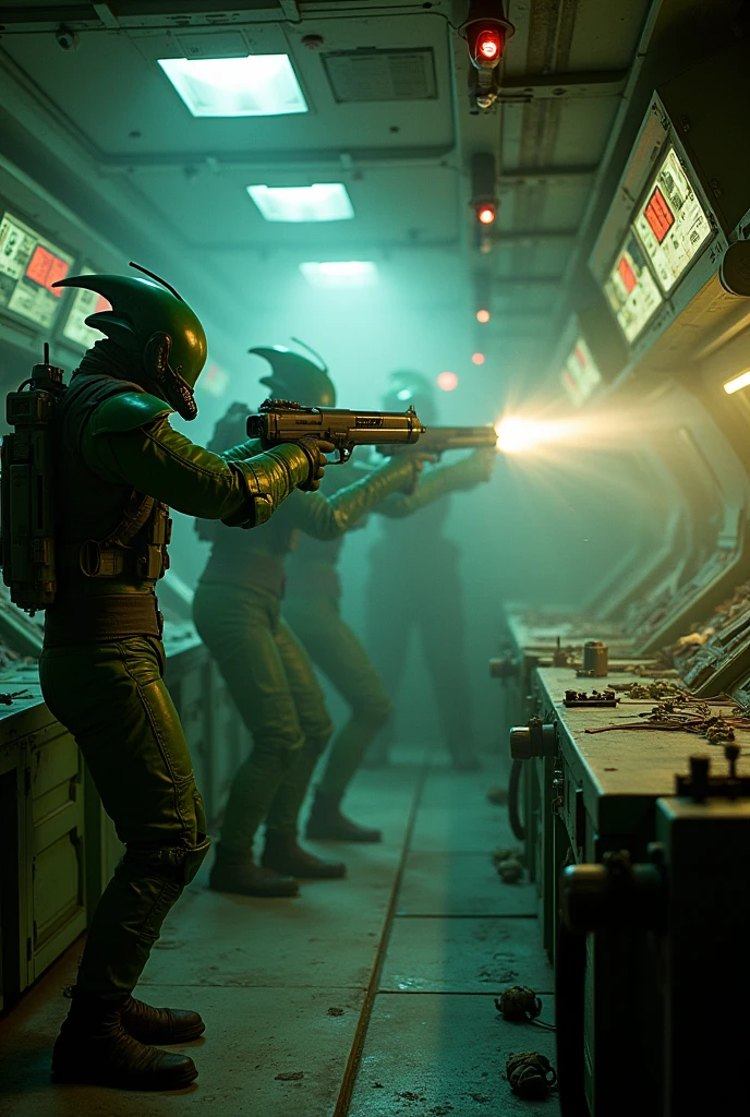 dark sci fi space ship interior nostromo, alien Prometheus movie style, slightly messy retro futurism realistic cockpit bridge hazy atmosphere with green insectoid dragonfly humanoids with hornet heads in space suits holding laser pistol and firing at human in space suit